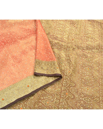 Sanskriti Vintage Red Sarees Art Silk Hand Beaded Woven Sari Premium Fabric, PS-57460-Shade Of Golden &amp; Red-Rhinestone Work-Art (Artificial) Silk-10