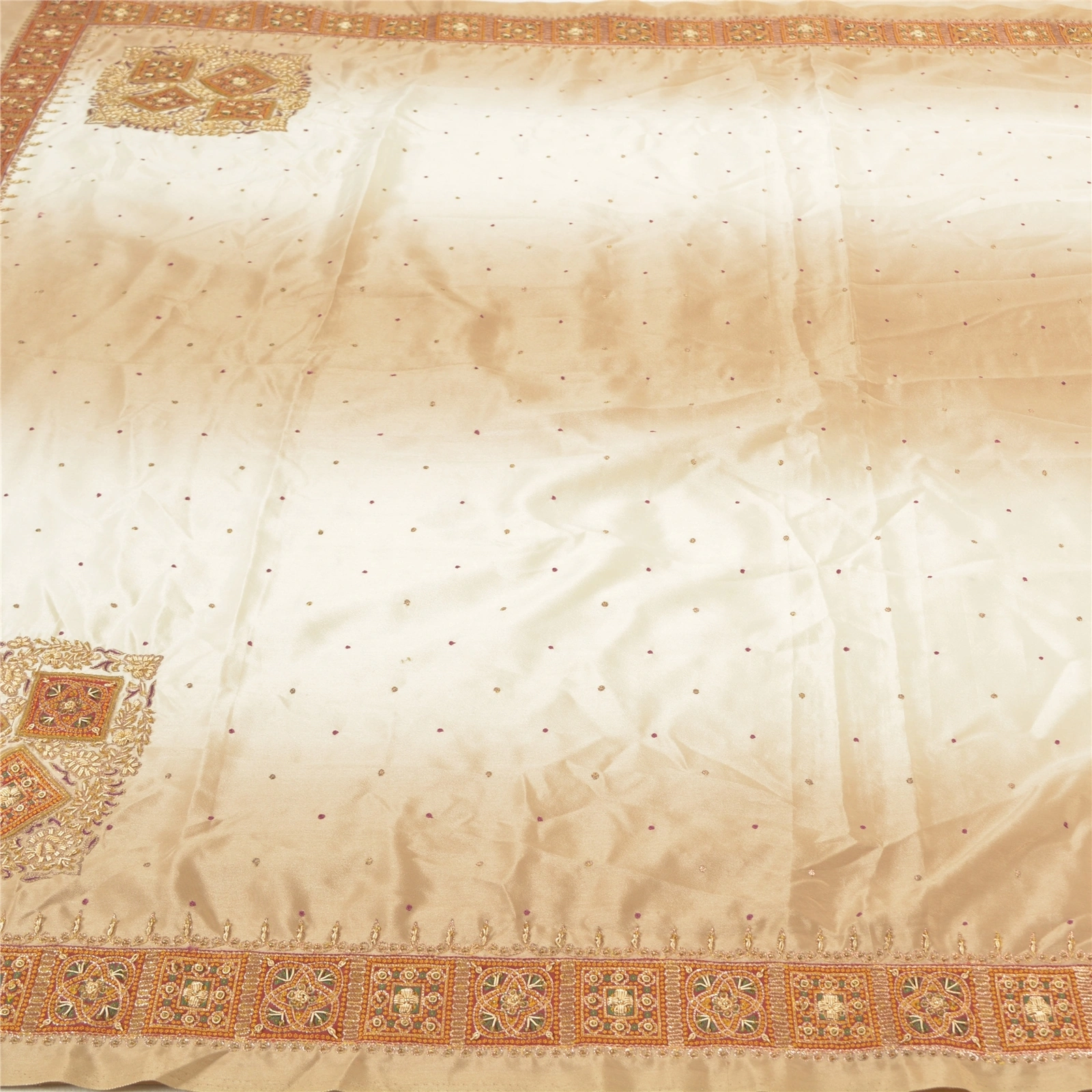 Sanskriti Vintage Ivory Indian Sarees Art Silk Hand Beaded Sari Craft Fabric, PS-57471-Shade Of Ivory &amp; Brown-Hand Woven Work-Art (Artificial) Silk-4