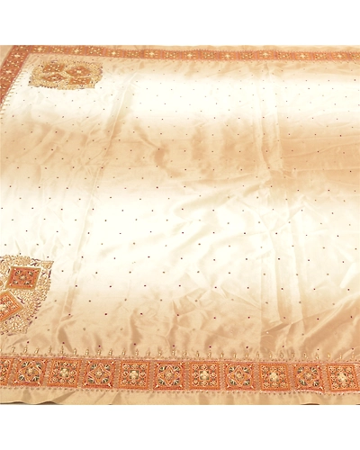 Sanskriti Vintage Ivory Indian Sarees Art Silk Hand Beaded Sari Craft Fabric, PS-57471-Shade Of Ivory &amp; Brown-Hand Woven Work-Art (Artificial) Silk-4