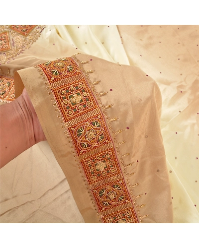 Sanskriti Vintage Ivory Indian Sarees Art Silk Hand Beaded Sari Craft Fabric, PS-57471-Shade Of Ivory &amp; Brown-Hand Woven Work-Art (Artificial) Silk-5