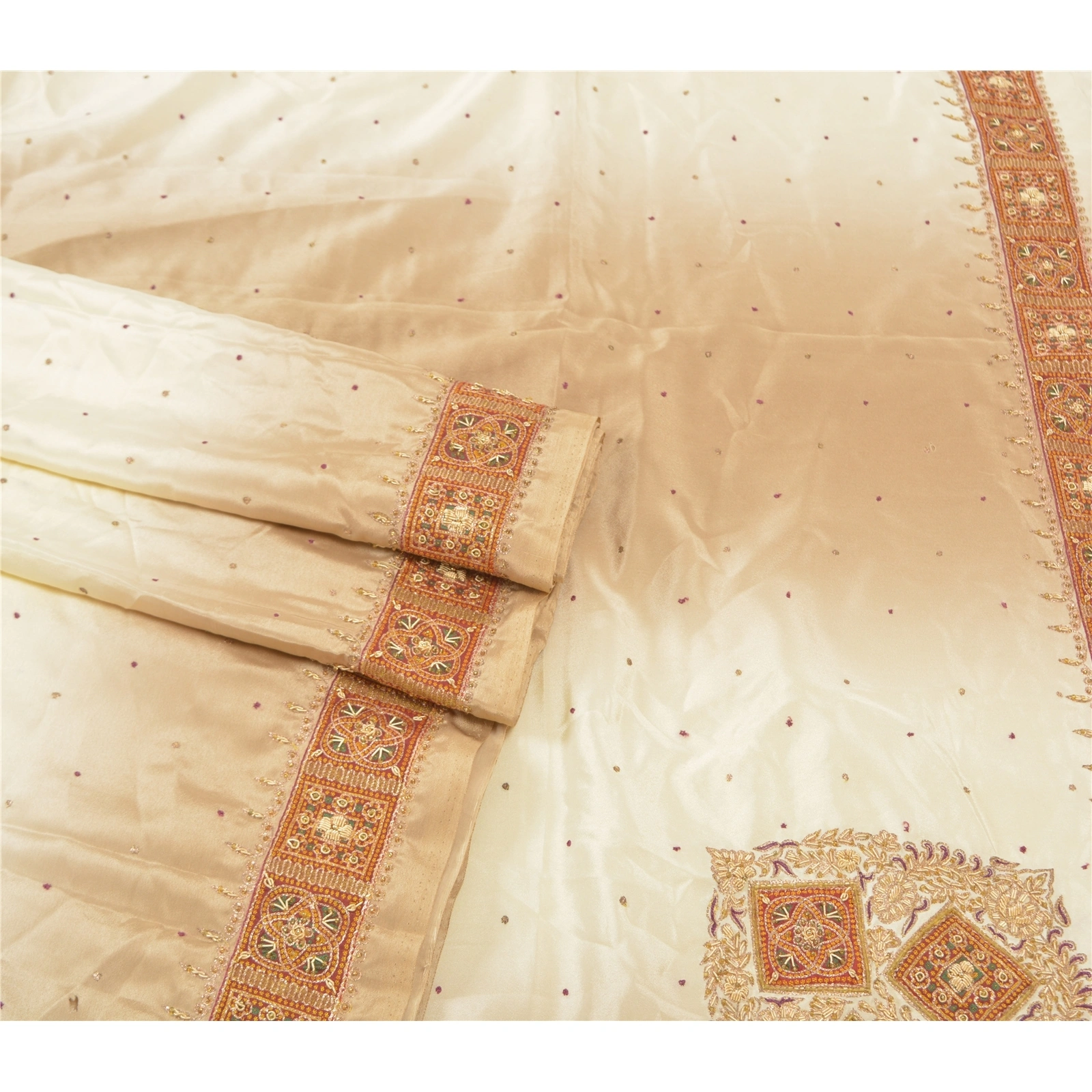 Sanskriti Vintage Ivory Indian Sarees Art Silk Hand Beaded Sari Craft Fabric, PS-57471-Shade Of Ivory &amp; Brown-Hand Woven Work-Art (Artificial) Silk-8