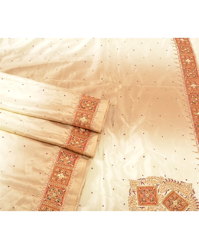 Sanskriti Vintage Ivory Indian Sarees Art Silk Hand Beaded Sari Craft Fabric, PS-57471-Shade Of Ivory &amp; Brown-Hand Woven Work-Art (Artificial) Silk-8