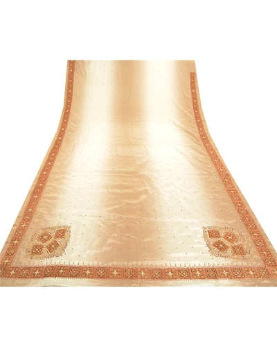 Sanskriti Vintage Ivory Indian Sarees Art Silk Hand Beaded Sari Craft Fabric, PS-57471-Shade Of Ivory &amp; Brown-Hand Woven Work-Art (Artificial) Silk-9