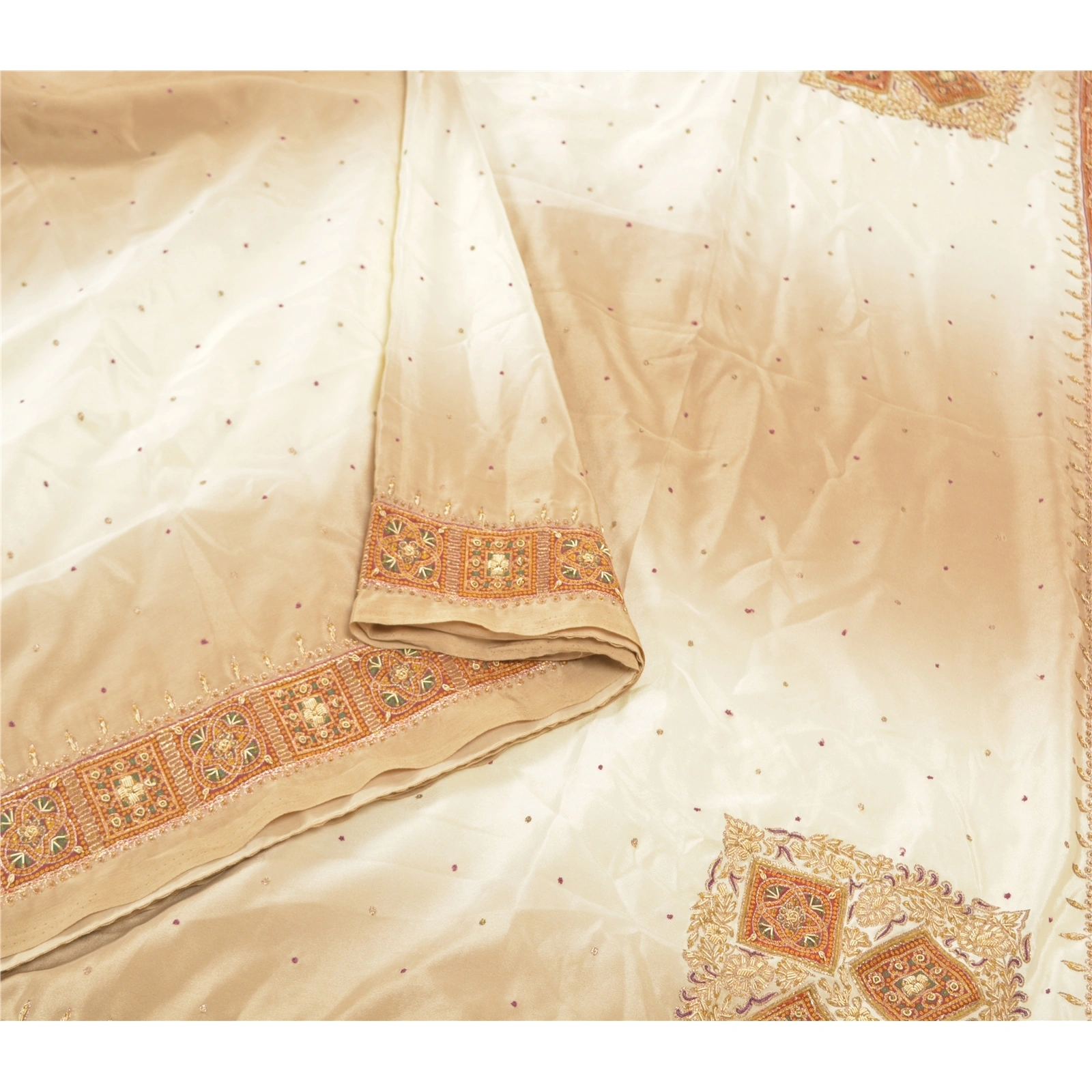 Sanskriti Vintage Ivory Indian Sarees Art Silk Hand Beaded Sari Craft Fabric, PS-57471-Shade Of Ivory &amp; Brown-Hand Woven Work-Art (Artificial) Silk-10