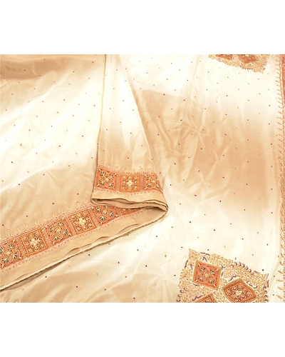 Sanskriti Vintage Ivory Indian Sarees Art Silk Hand Beaded Sari Craft Fabric, PS-57471-Shade Of Ivory &amp; Brown-Hand Woven Work-Art (Artificial) Silk-10