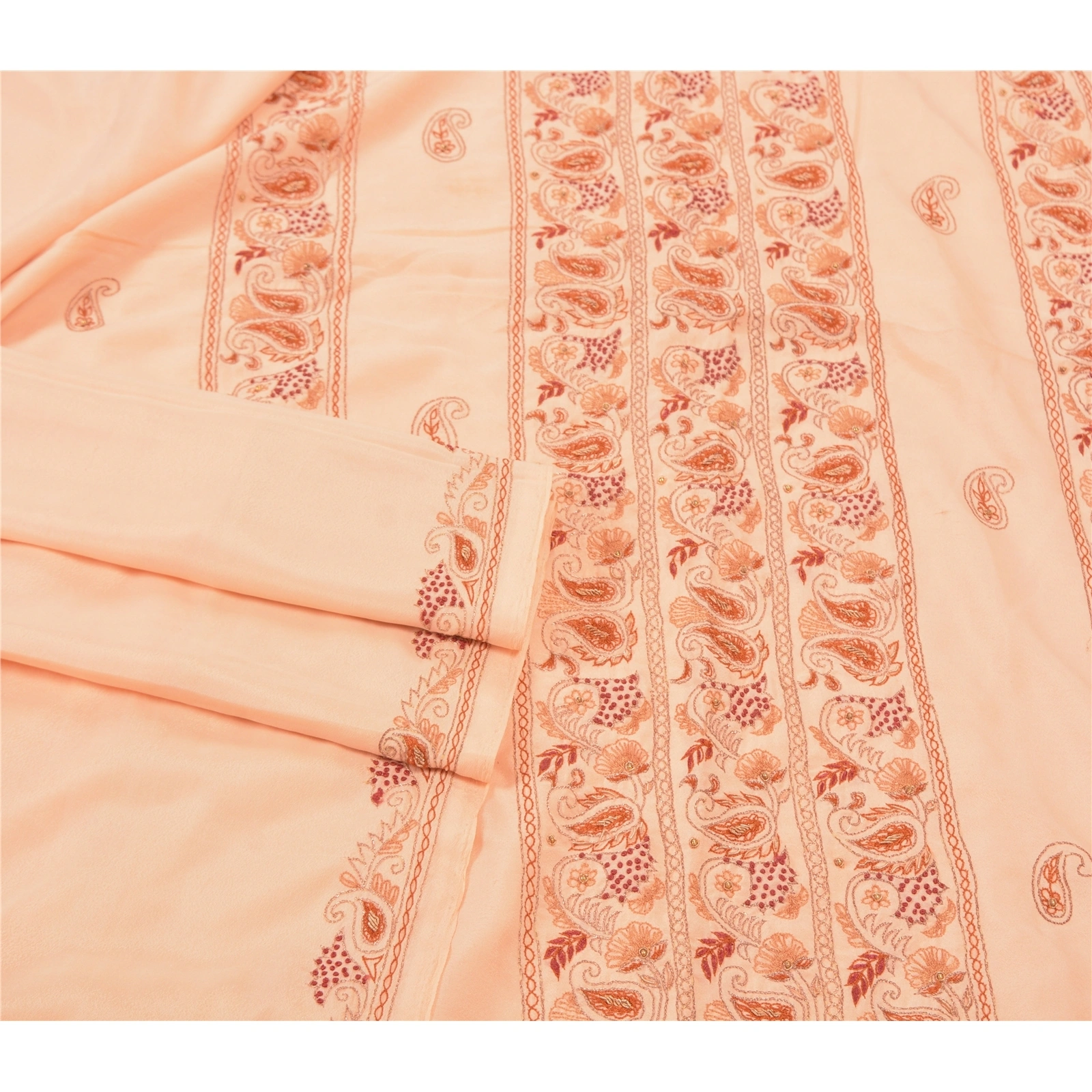 Sanskriti Vintage Peach Sarees Art Silk Hand Beaded Cultural Sari Craft Fabric, PS-57505-Peach-Zari Work-Art (Artificial) Silk-8