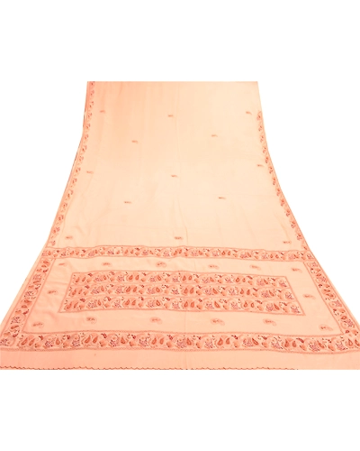 Sanskriti Vintage Peach Sarees Art Silk Hand Beaded Cultural Sari Craft Fabric, PS-57505-Peach-Zari Work-Art (Artificial) Silk-9