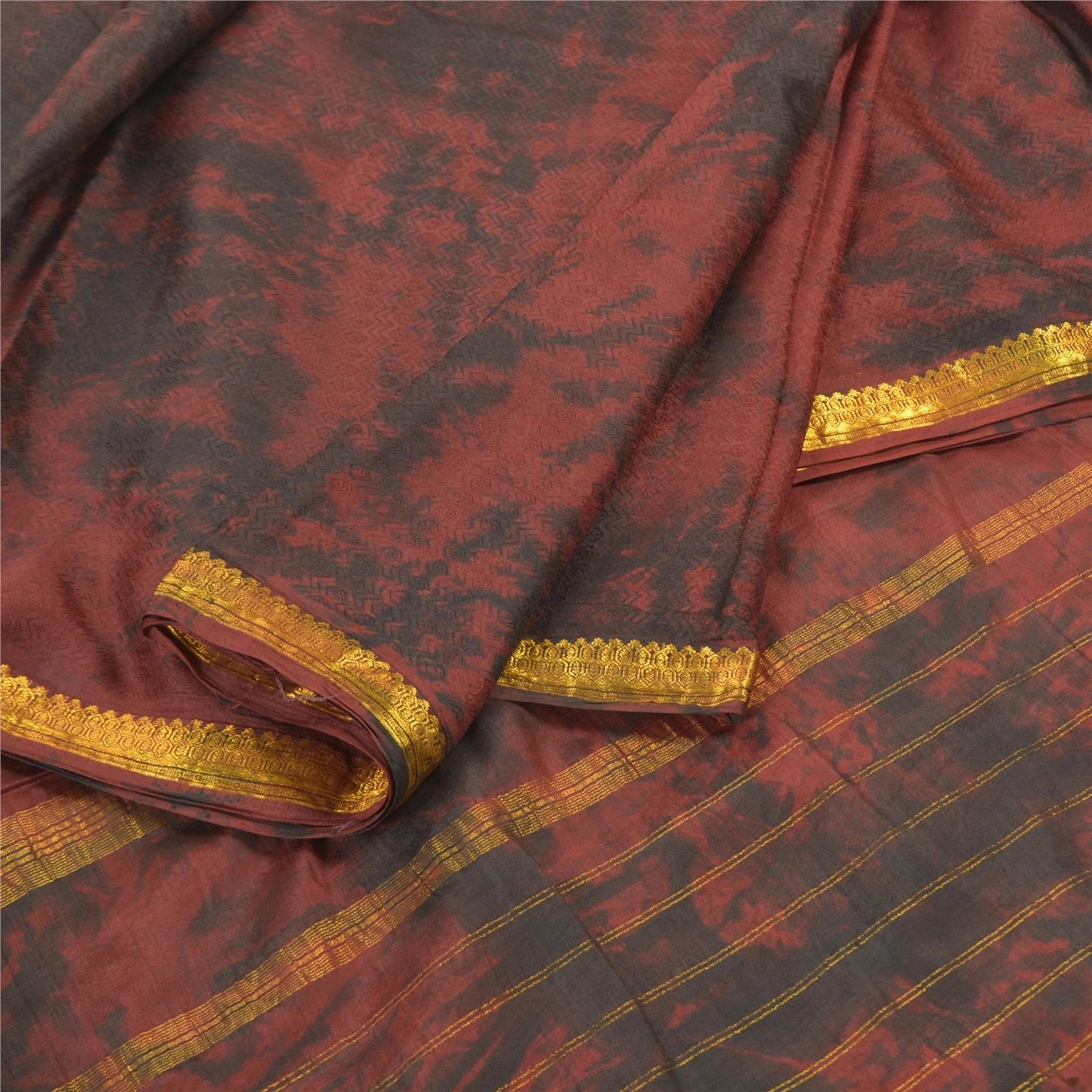 Sanskriti Vintage Brown Sarees 100% Pure Silk Tie &amp; Dye Woven Sari Craft Fabric, PS-57511-Brown &amp; Black-Tie &amp; Dye Work-100% Pure Silk-2