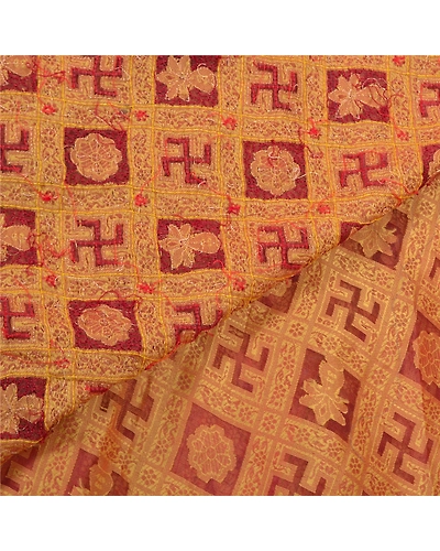 Sanskriti Vintage Sarees Pure Organza Silk Hand Beaded Woven Premium Sari Fabric, PS-57516-Shade Of Red-Hand Woven Work-100% Pure Organza Silk-2