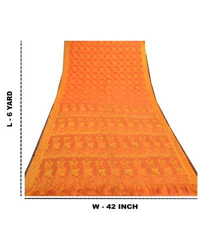 Sanskriti Vintage Orange Sarees Blend Silk Hand Beaded Woven Ethnic Sari Fabric, PS-57526-Saffron-Beaded Work-Blend Silk-1