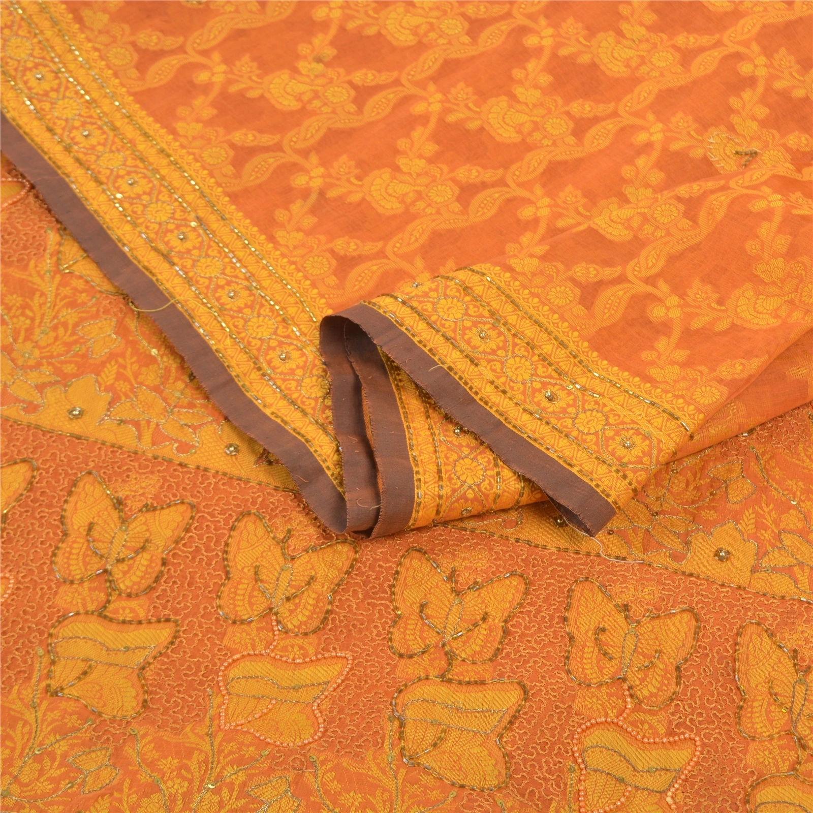 Sanskriti Vintage Orange Sarees Blend Silk Hand Beaded Woven Ethnic Sari Fabric, PS-57526-Saffron-Beaded Work-Blend Silk-2