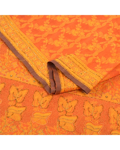 Sanskriti Vintage Orange Sarees Blend Silk Hand Beaded Woven Ethnic Sari Fabric, PS-57526-Saffron-Beaded Work-Blend Silk-2