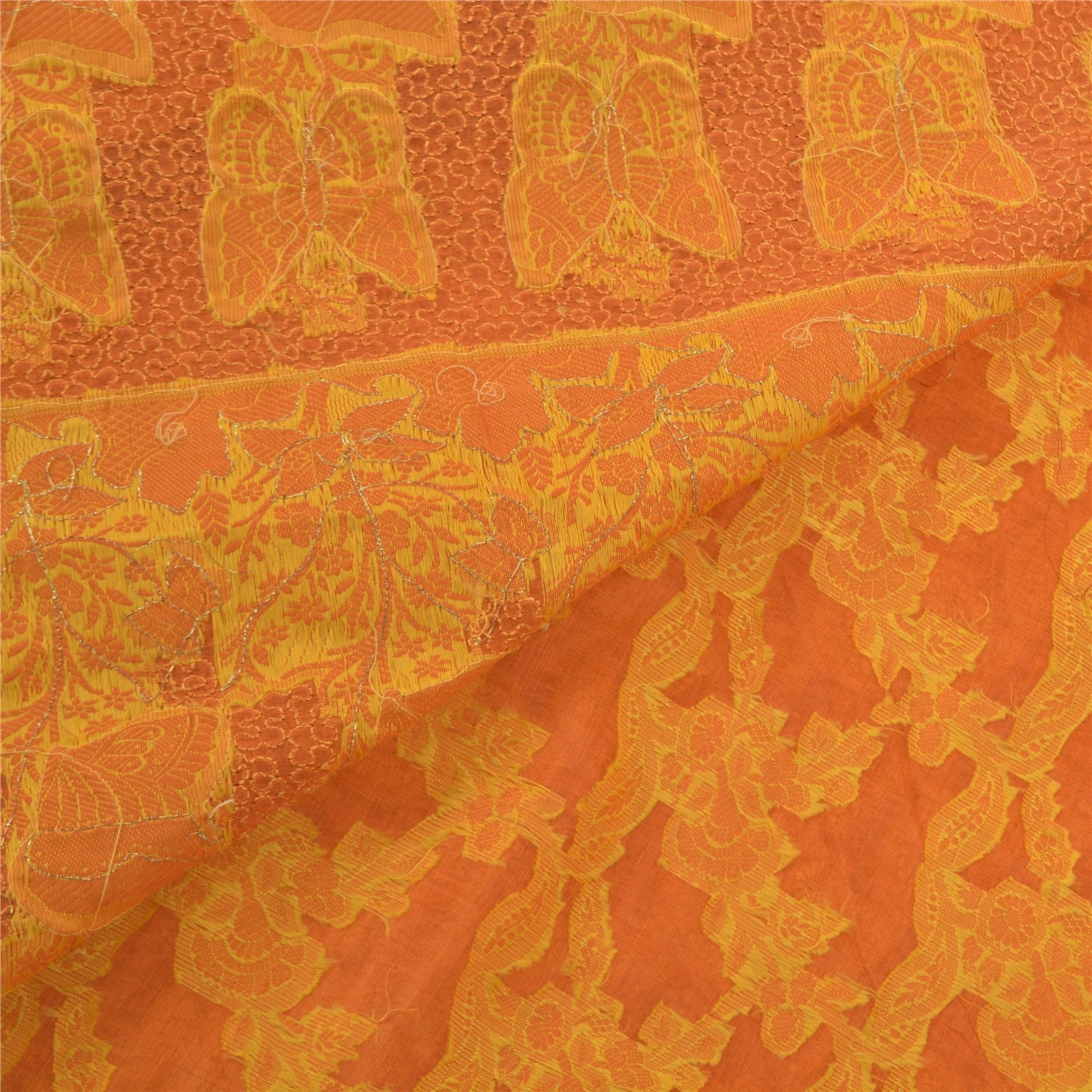 Sanskriti Vintage Orange Sarees Blend Silk Hand Beaded Woven Ethnic Sari Fabric, PS-57526-Saffron-Beaded Work-Blend Silk-3