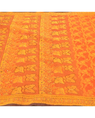 Sanskriti Vintage Orange Sarees Blend Silk Hand Beaded Woven Ethnic Sari Fabric, PS-57526-Saffron-Beaded Work-Blend Silk-4