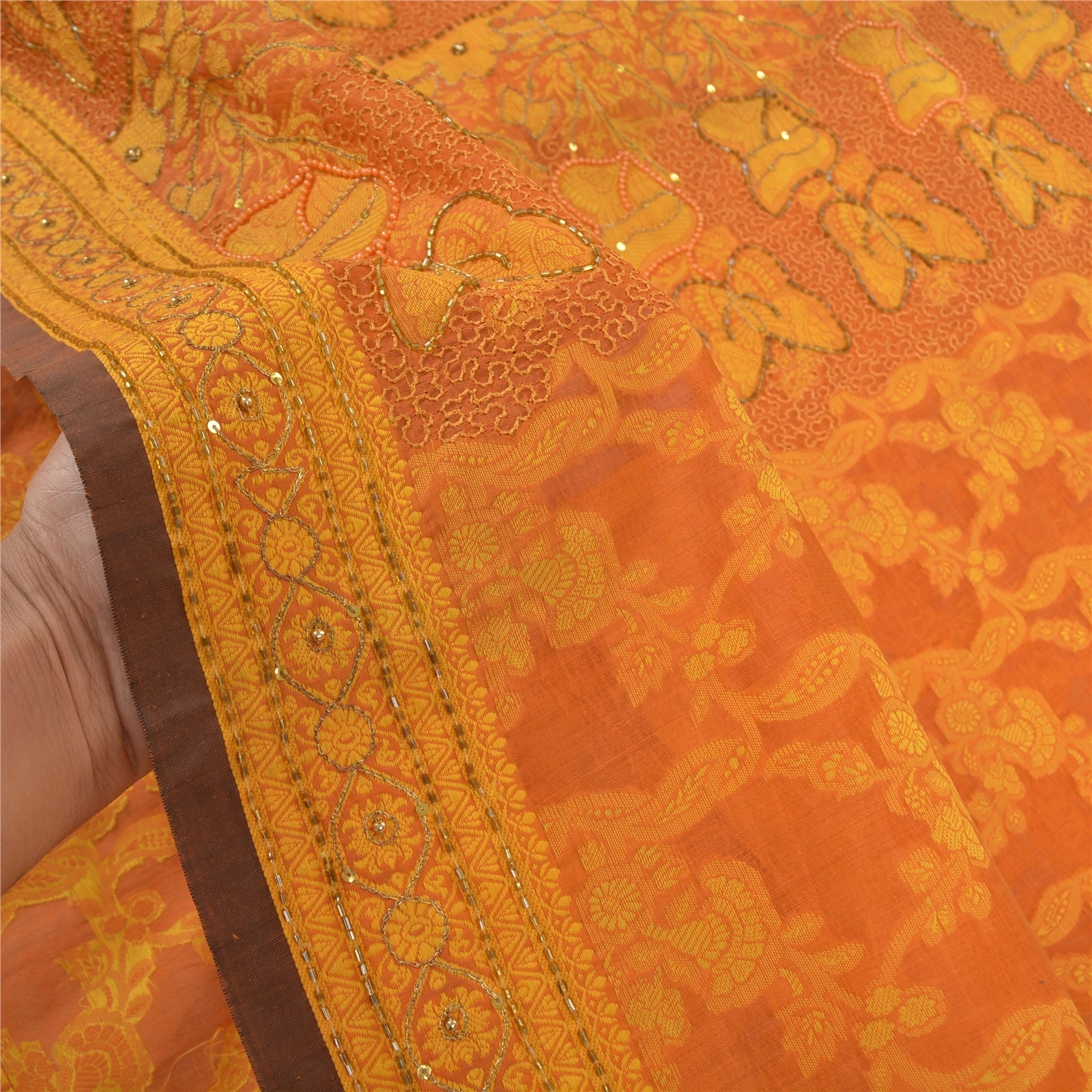 Sanskriti Vintage Orange Sarees Blend Silk Hand Beaded Woven Ethnic Sari Fabric, PS-57526-Saffron-Beaded Work-Blend Silk-5