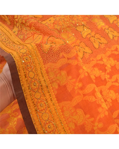 Sanskriti Vintage Orange Sarees Blend Silk Hand Beaded Woven Ethnic Sari Fabric, PS-57526-Saffron-Beaded Work-Blend Silk-5