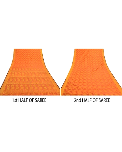 Sanskriti Vintage Orange Sarees Blend Silk Hand Beaded Woven Ethnic Sari Fabric, PS-57526-Saffron-Beaded Work-Blend Silk-6