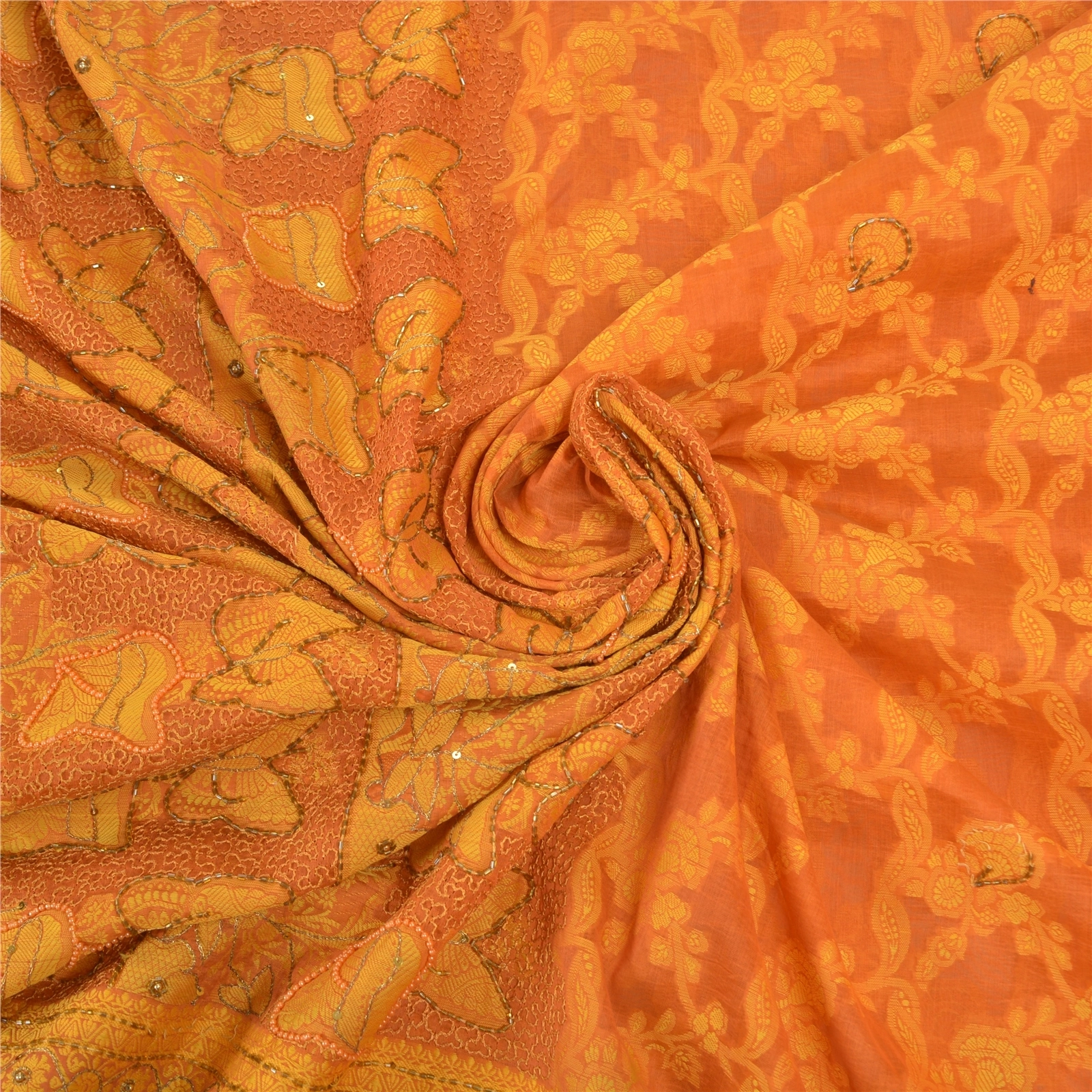 Sanskriti Vintage Orange Sarees Blend Silk Hand Beaded Woven Ethnic Sari Fabric, PS-57526-Saffron-Beaded Work-Blend Silk-7