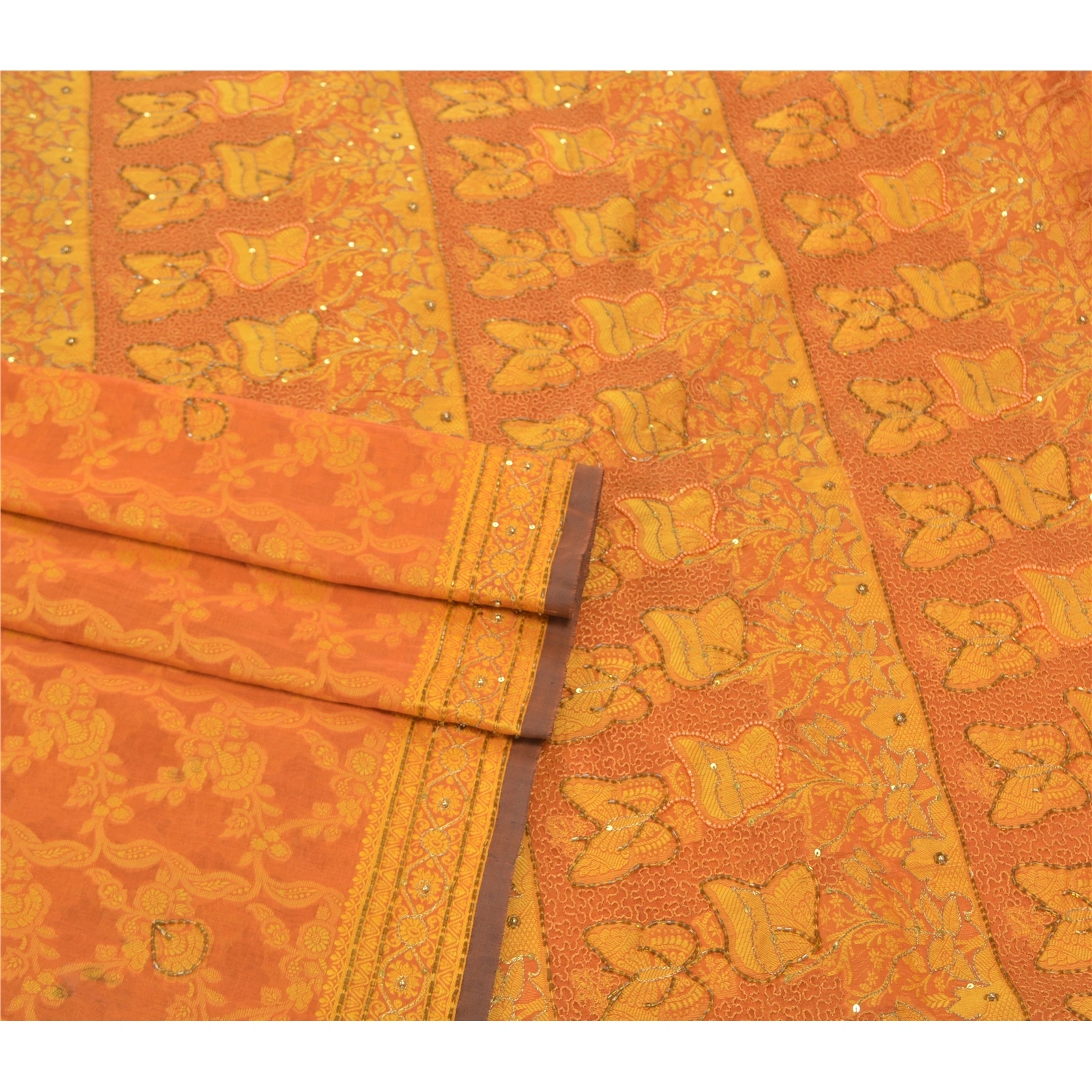 Sanskriti Vintage Orange Sarees Blend Silk Hand Beaded Woven Ethnic Sari Fabric, PS-57526-Saffron-Beaded Work-Blend Silk-8