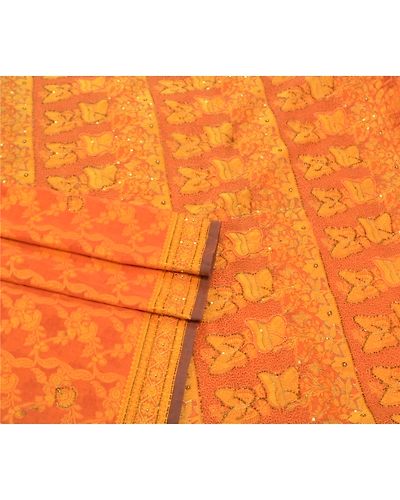 Sanskriti Vintage Orange Sarees Blend Silk Hand Beaded Woven Ethnic Sari Fabric, PS-57526-Saffron-Beaded Work-Blend Silk-8