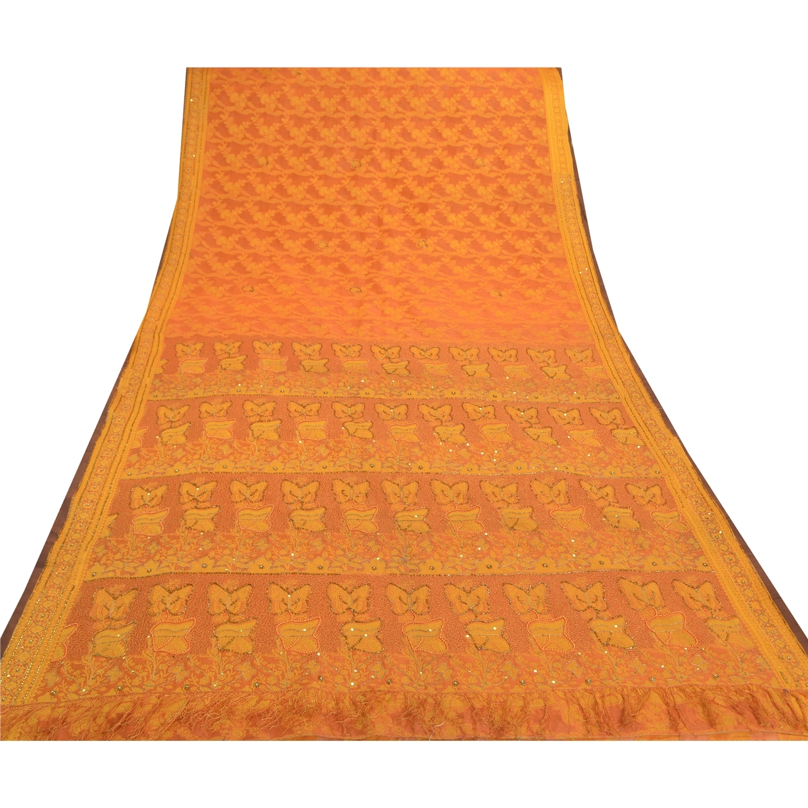 Sanskriti Vintage Orange Sarees Blend Silk Hand Beaded Woven Ethnic Sari Fabric, PS-57526-Saffron-Beaded Work-Blend Silk-9