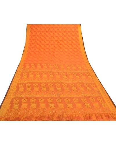 Sanskriti Vintage Orange Sarees Blend Silk Hand Beaded Woven Ethnic Sari Fabric, PS-57526-Saffron-Beaded Work-Blend Silk-9