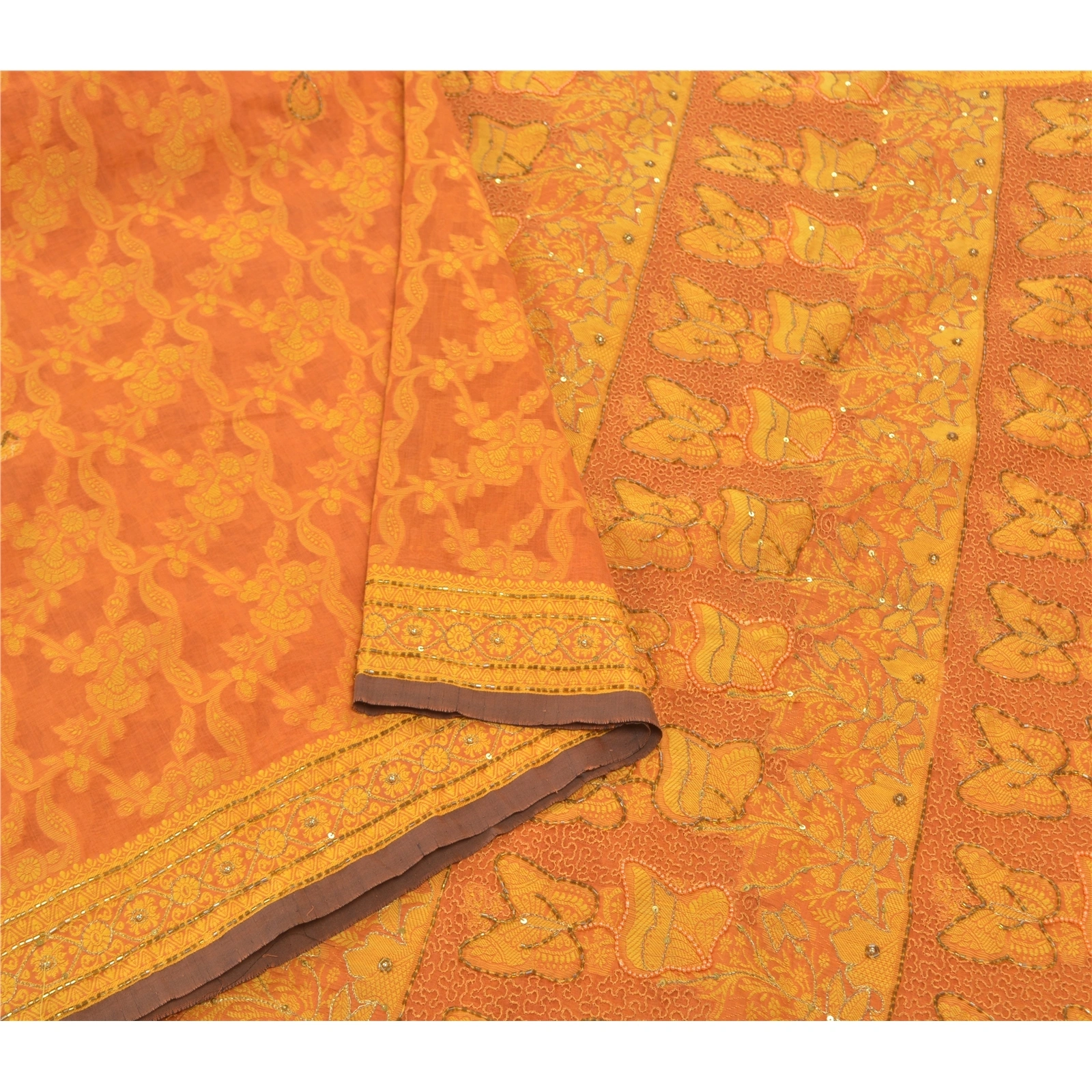 Sanskriti Vintage Orange Sarees Blend Silk Hand Beaded Woven Ethnic Sari Fabric, PS-57526-Saffron-Beaded Work-Blend Silk-10