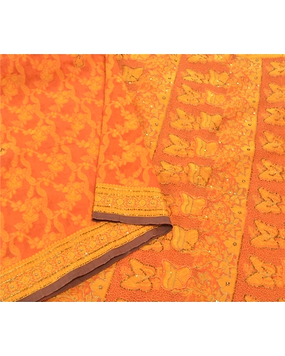 Sanskriti Vintage Orange Sarees Blend Silk Hand Beaded Woven Ethnic Sari Fabric, PS-57526-Saffron-Beaded Work-Blend Silk-10