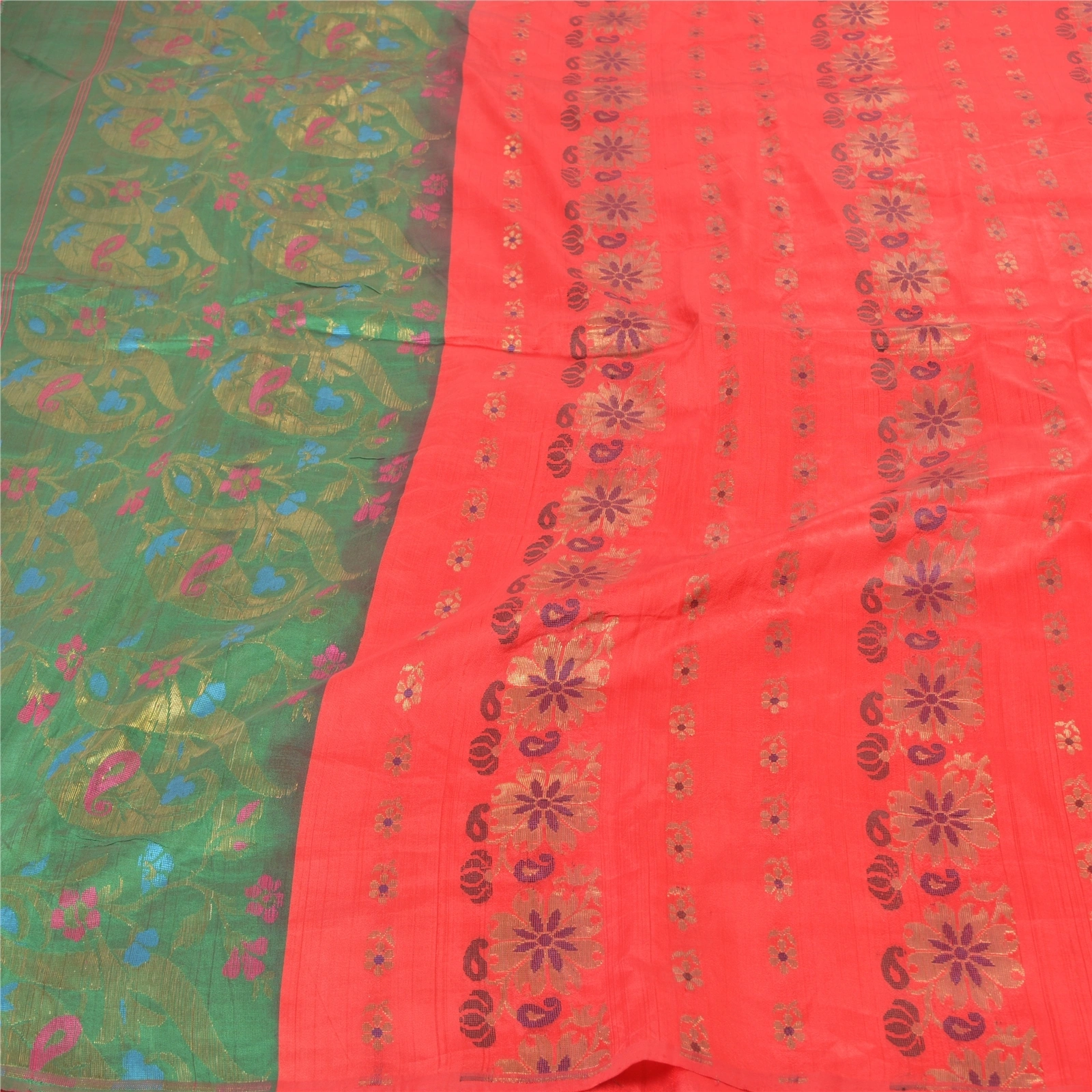 Sanskriti Vintage Red Sarees Blend Silk Hand- Woven Zari Premium Sari Fabric, PS-57532-Green &amp; Red-Zari Work-Blend Silk-3