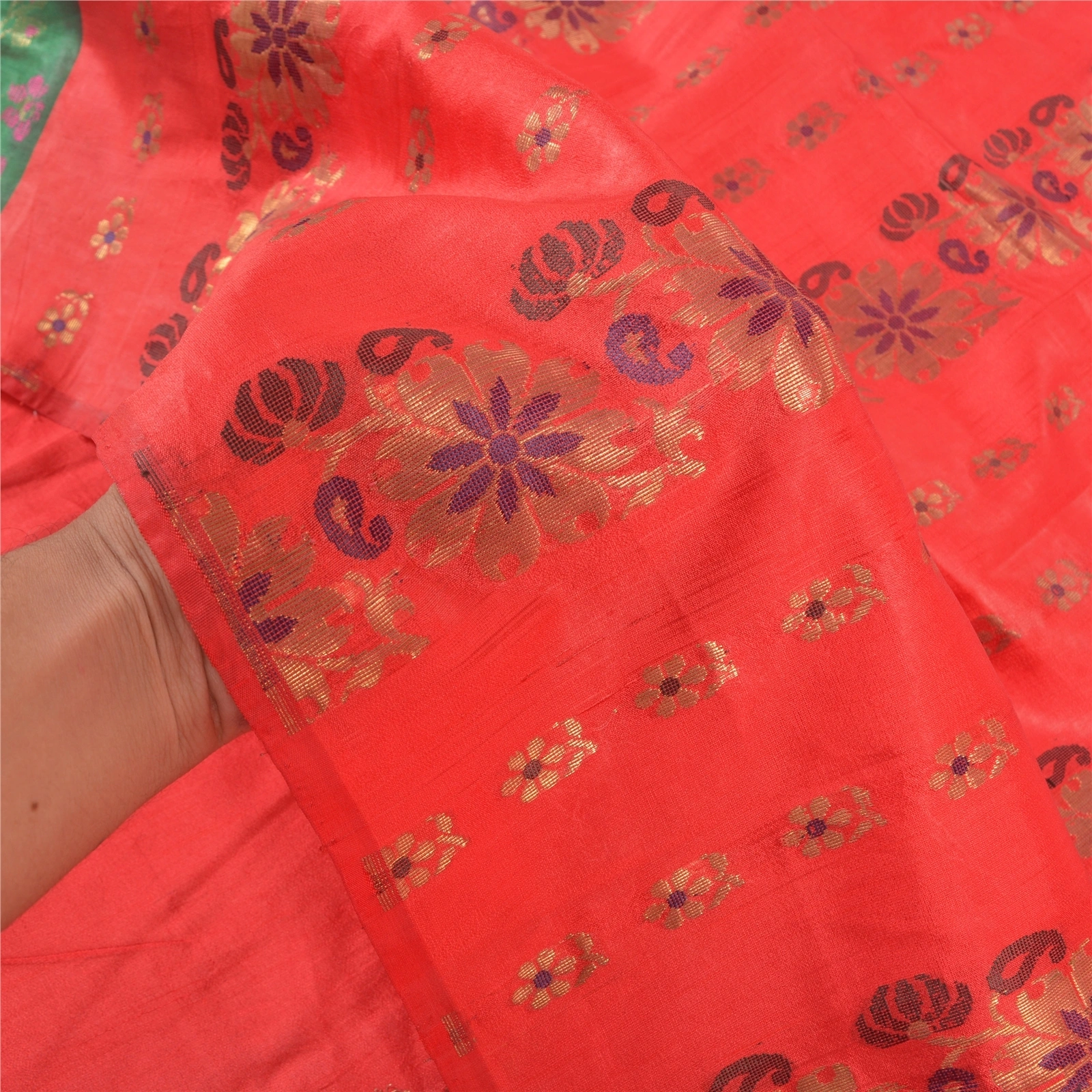 Sanskriti Vintage Red Sarees Blend Silk Hand- Woven Zari Premium Sari Fabric, PS-57532-Green &amp; Red-Zari Work-Blend Silk-4