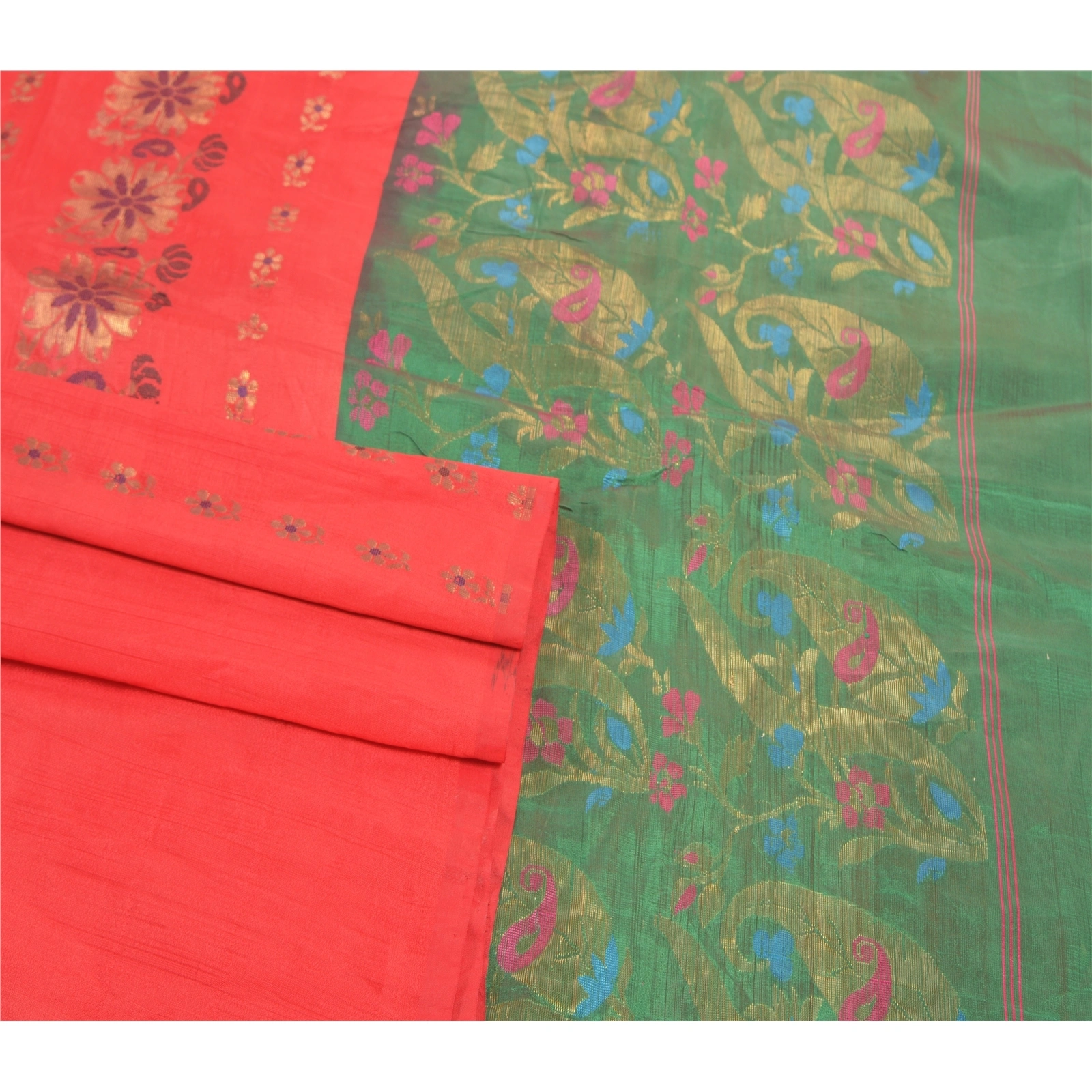 Sanskriti Vintage Red Sarees Blend Silk Hand- Woven Zari Premium Sari Fabric, PS-57532-Green &amp; Red-Zari Work-Blend Silk-7