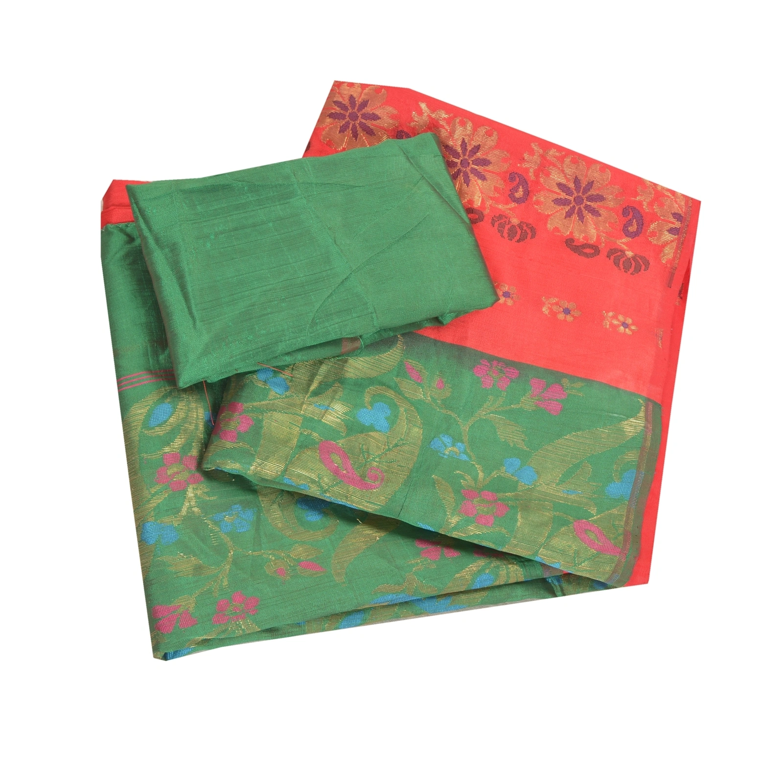 Sanskriti Vintage Red Sarees Blend Silk Hand- Woven Zari Premium Sari Fabric, PS-57532-Green &amp; Red-Zari Work-Blend Silk-8