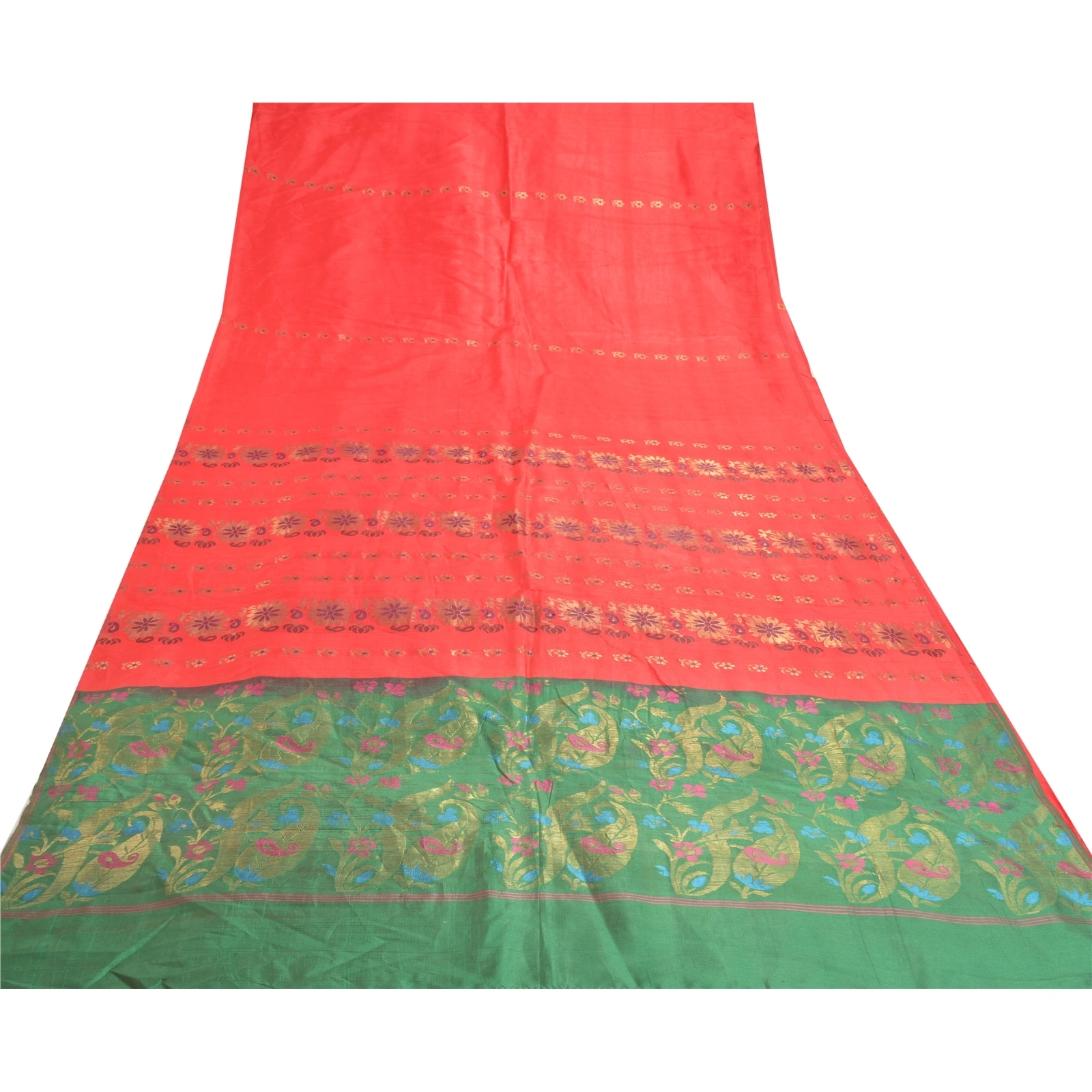 Sanskriti Vintage Red Sarees Blend Silk Hand- Woven Zari Premium Sari Fabric, PS-57532-Green &amp; Red-Zari Work-Blend Silk-9