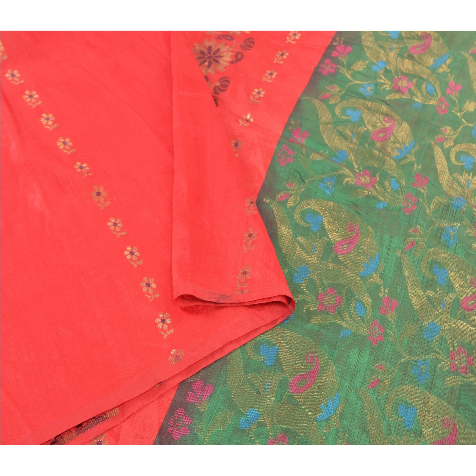 Sanskriti Vintage Red Sarees Blend Silk Hand- Woven Zari Premium Sari Fabric, PS-57532-Green &amp; Red-Zari Work-Blend Silk-10