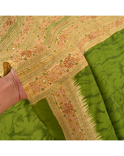 Sanskriti Vintage Green Sarees Art Silk Hand Beaded Woven Premium Sari Fabric, PS-57547-Green-Beaded Work-Art (Artificial) Silk-5