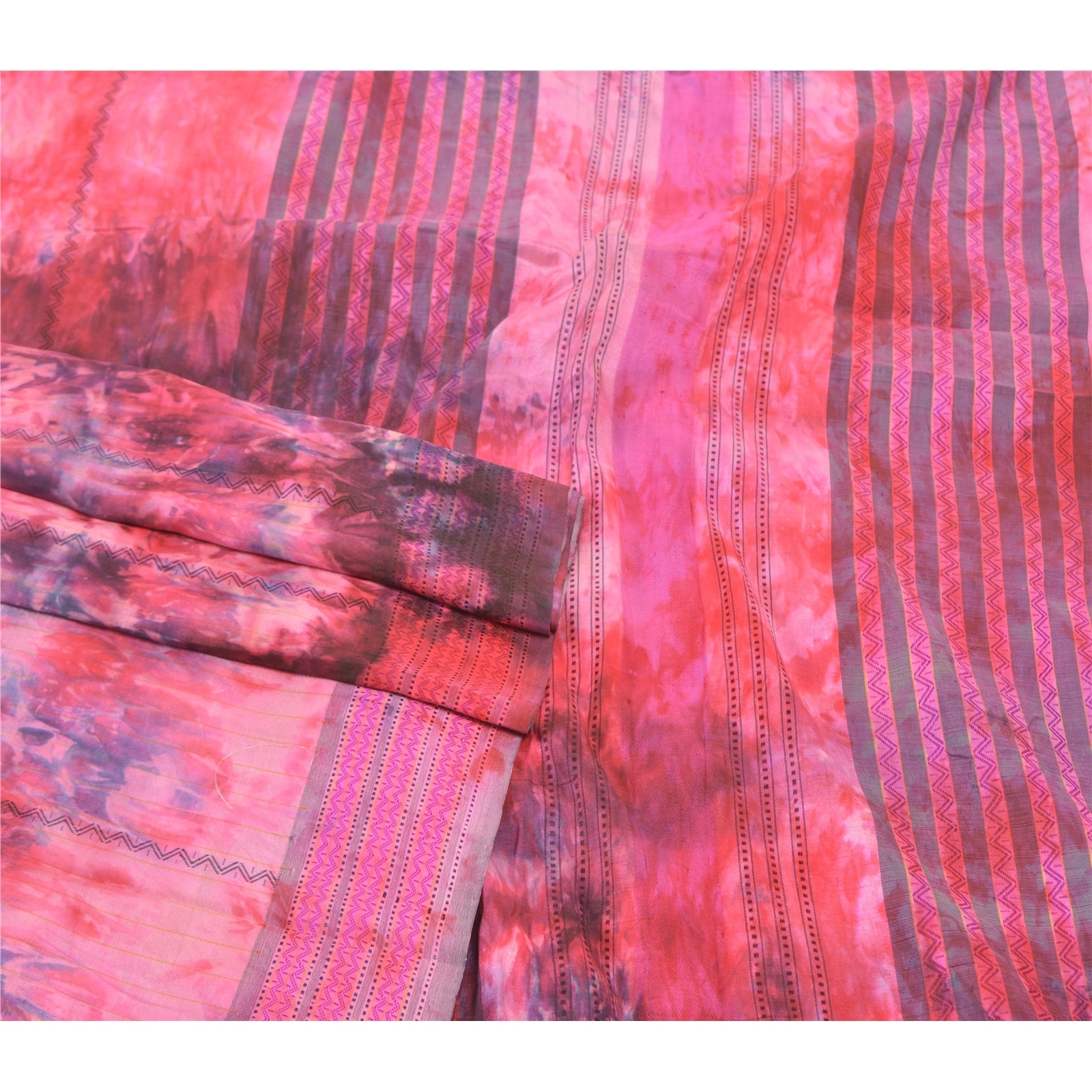 Sanskriti Vintage Pink Sarees Pure Silk Woven Premium Sari Tie &amp; Dye Fabric, PS-57550-Pink-Tie &amp; Dye Work-100% Pure Silk-8