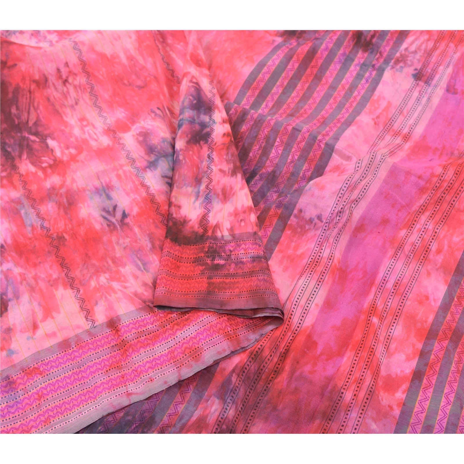 Sanskriti Vintage Pink Sarees Pure Silk Woven Premium Sari Tie &amp; Dye Fabric, PS-57550-Pink-Tie &amp; Dye Work-100% Pure Silk-10