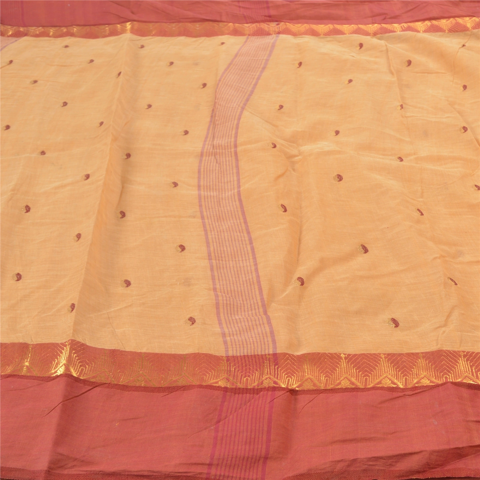 Sanskriti Vintage Beige Indian Sarees Pure Cotton Woven Premium Zari Sari Fabric, PS-57559-Shade Of Beige &amp; Brick Red-Woven Work-100% Pure Cotton-3