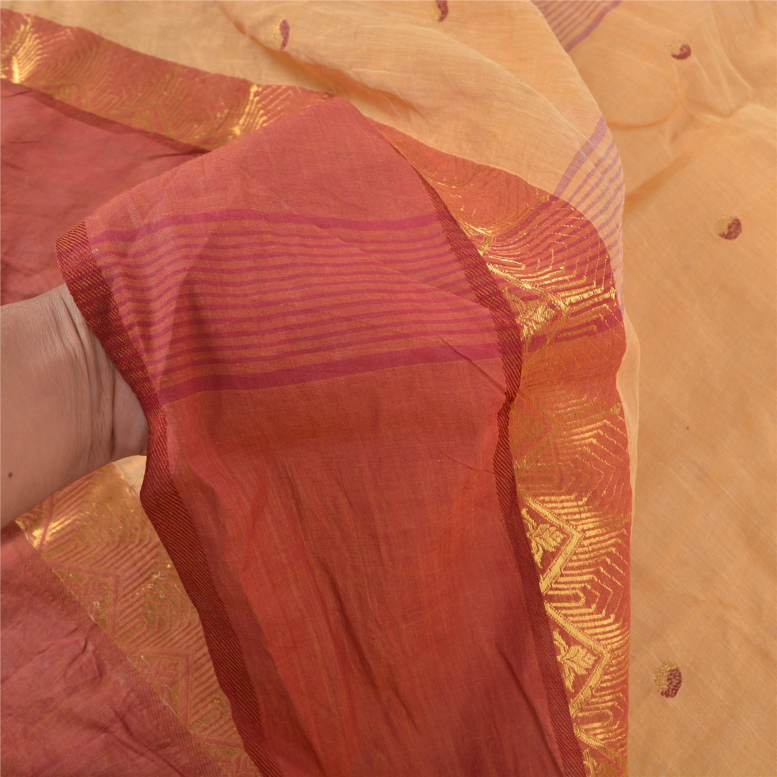 Sanskriti Vintage Beige Indian Sarees Pure Cotton Woven Premium Zari Sari Fabric, PS-57559-Shade Of Beige &amp; Brick Red-Woven Work-100% Pure Cotton-4