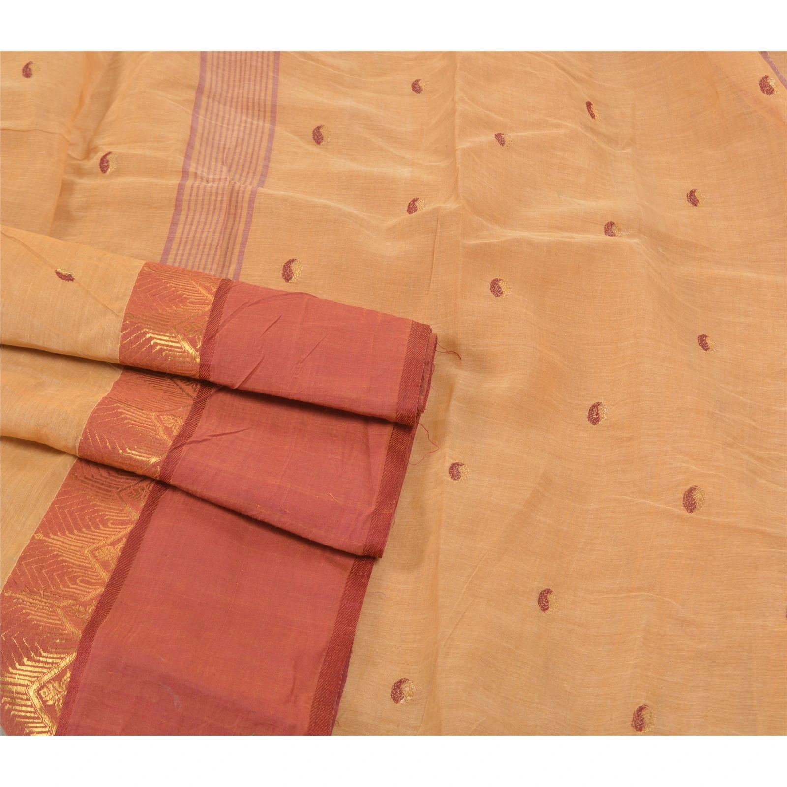 Sanskriti Vintage Beige Indian Sarees Pure Cotton Woven Premium Zari Sari Fabric, PS-57559-Shade Of Beige &amp; Brick Red-Woven Work-100% Pure Cotton-7