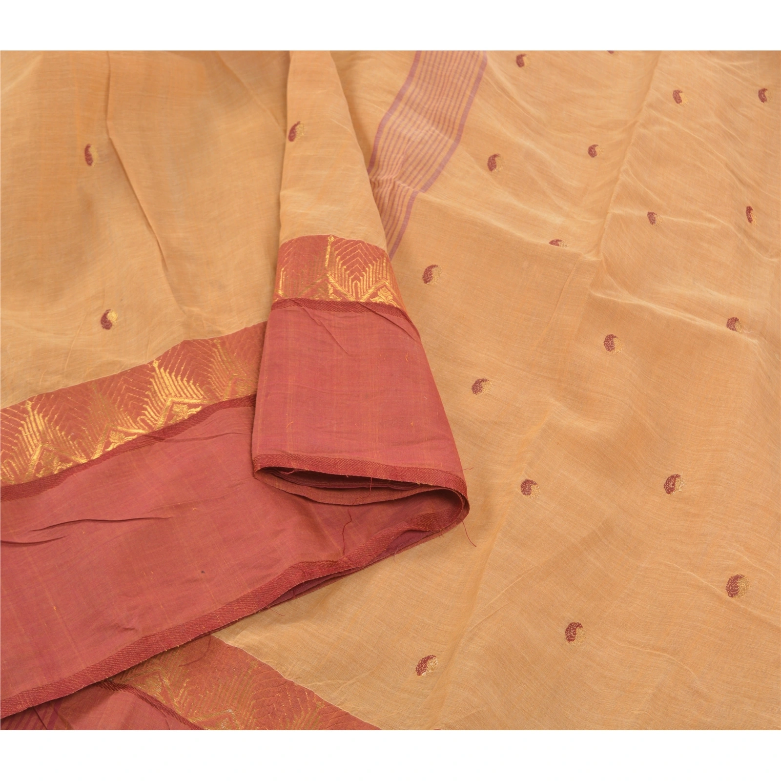 Sanskriti Vintage Beige Indian Sarees Pure Cotton Woven Premium Zari Sari Fabric, PS-57559-Shade Of Beige &amp; Brick Red-Woven Work-100% Pure Cotton-9