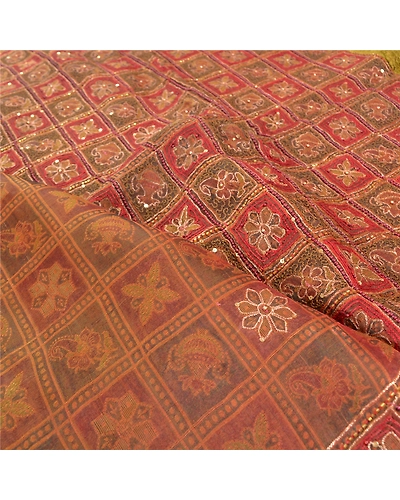 Sanskriti Vintage Indian Sarees Pure Organza Silk Hand Beaded Woven Sari Fabric, PS-57569-Shade Of Dark Red &amp; Brown-Beaded Work-100% Pure Organza Silk-2