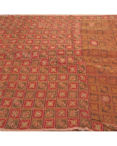 Sanskriti Vintage Indian Sarees Pure Organza Silk Hand Beaded Woven Sari Fabric, PS-57569-Shade Of Dark Red &amp; Brown-Beaded Work-100% Pure Organza Silk-4