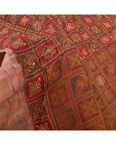 Sanskriti Vintage Indian Sarees Pure Organza Silk Hand Beaded Woven Sari Fabric, PS-57569-Shade Of Dark Red &amp; Brown-Beaded Work-100% Pure Organza Silk-5