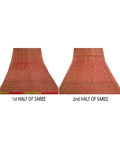 Sanskriti Vintage Indian Sarees Pure Organza Silk Hand Beaded Woven Sari Fabric, PS-57569-Shade Of Dark Red &amp; Brown-Beaded Work-100% Pure Organza Silk-6