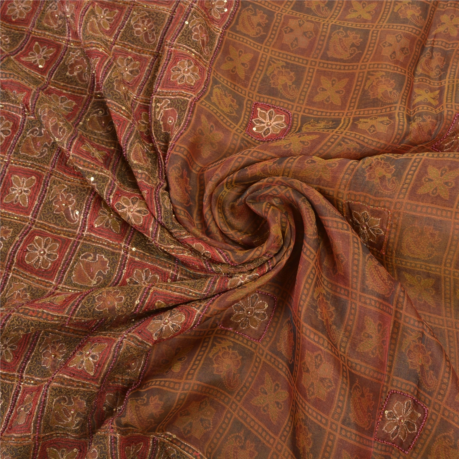 Sanskriti Vintage Indian Sarees Pure Organza Silk Hand Beaded Woven Sari Fabric, PS-57569-Shade Of Dark Red &amp; Brown-Beaded Work-100% Pure Organza Silk-7