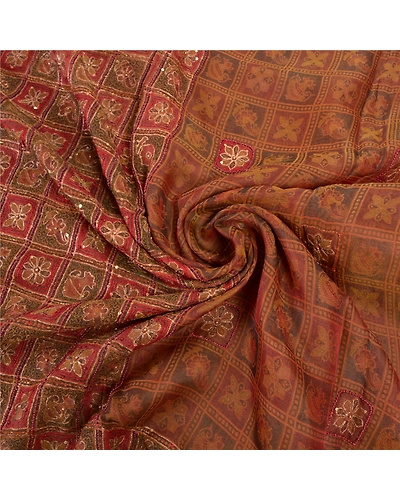 Sanskriti Vintage Indian Sarees Pure Organza Silk Hand Beaded Woven Sari Fabric, PS-57569-Shade Of Dark Red &amp; Brown-Beaded Work-100% Pure Organza Silk-7