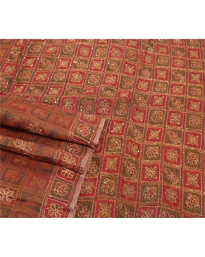 Sanskriti Vintage Indian Sarees Pure Organza Silk Hand Beaded Woven Sari Fabric, PS-57569-Shade Of Dark Red &amp; Brown-Beaded Work-100% Pure Organza Silk-8