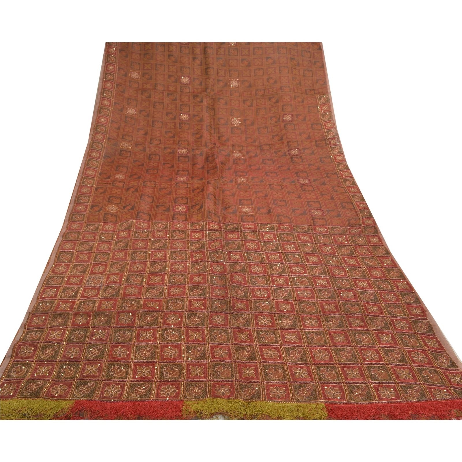 Sanskriti Vintage Indian Sarees Pure Organza Silk Hand Beaded Woven Sari Fabric, PS-57569-Shade Of Dark Red &amp; Brown-Beaded Work-100% Pure Organza Silk-9