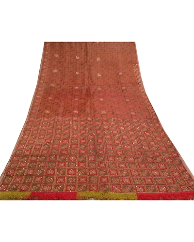 Sanskriti Vintage Indian Sarees Pure Organza Silk Hand Beaded Woven Sari Fabric, PS-57569-Shade Of Dark Red &amp; Brown-Beaded Work-100% Pure Organza Silk-9